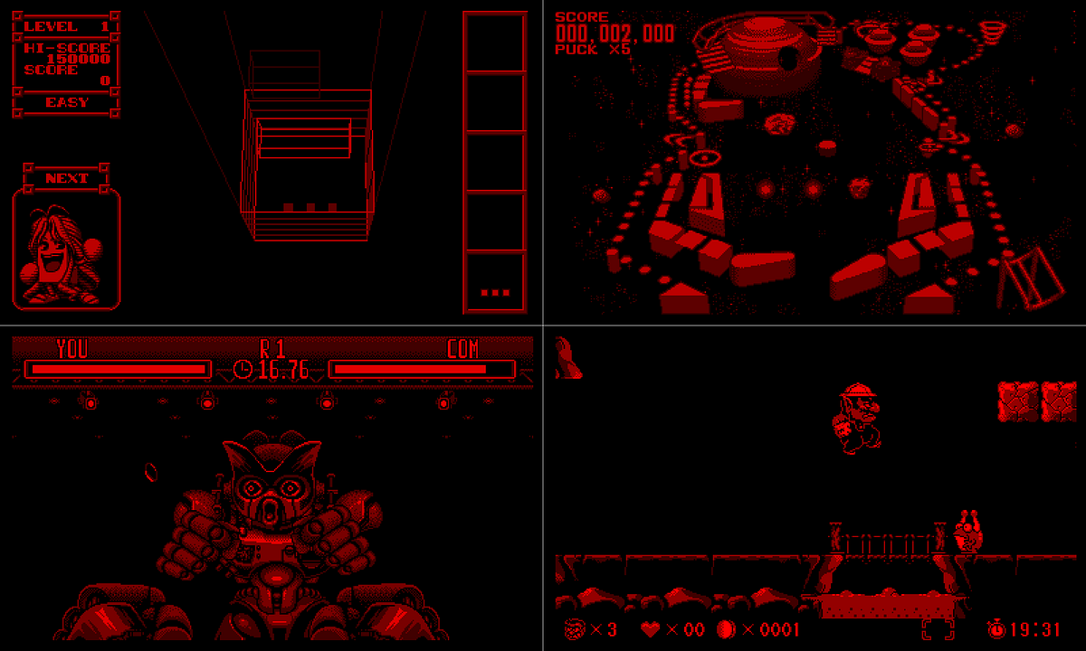 Vier der Launchtitel: 3D Tetris, Galactic Pinball, Teleroboxer und Wario Land